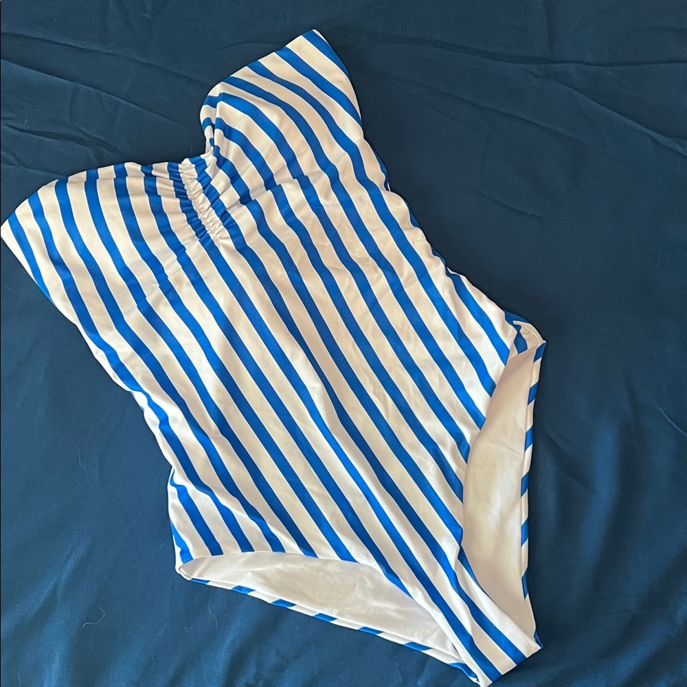 Royal Blue and White Striped and Strapless Teens Swimsuit